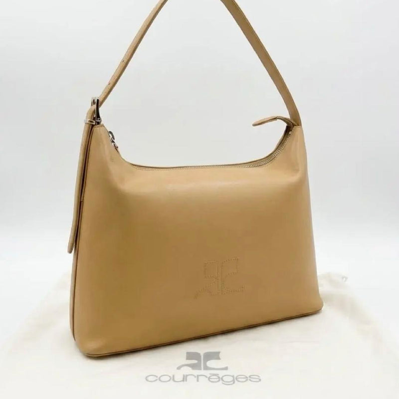 Courreges One Shoulder Bag Leather Beige 11.8x9.4x3.9in Logo Made in France