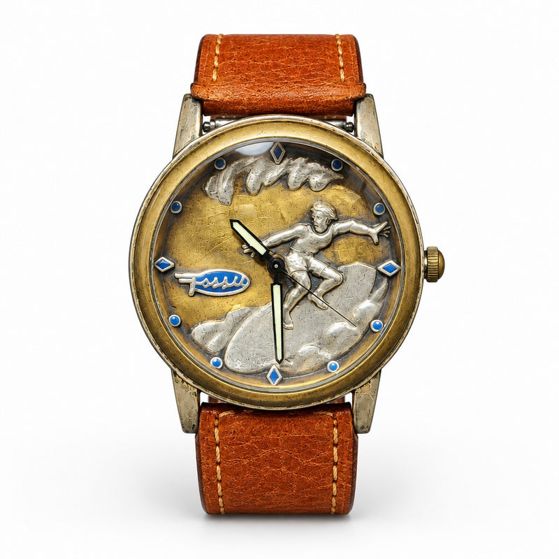 FOSSIL LE9465 Surf Quartz Watch 20K Limited 1980 Gold Dial Brown Band