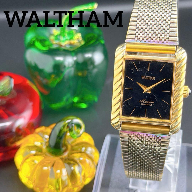 Waltham Maxim Tank Square Black Gold Silver Case Quartz Mens Watch 32.8x28.5mm
