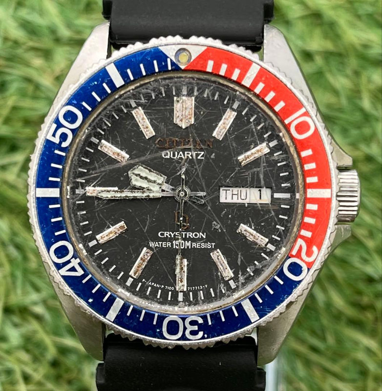 CITIZEN CRYSTRON 7100 Pepsi Diver 150m Mens Watch 37.5mm Day-Date 40mm Quartz