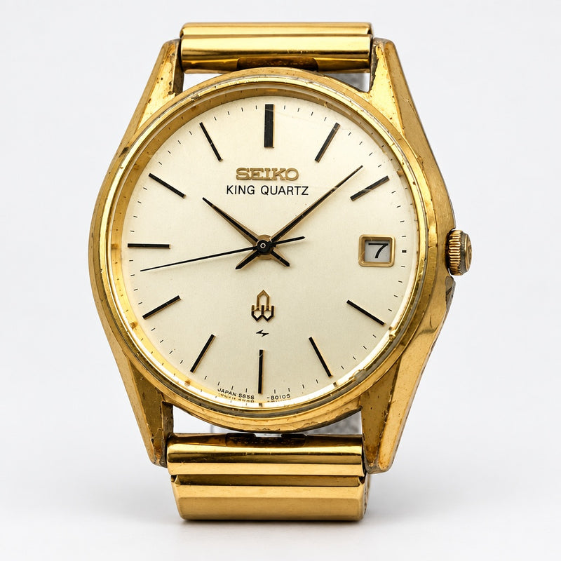 SEIKO KING QUARTZ 5855-8010 Mens Twin Quartz SS Gold Dial Watch 32.6mm 1977
