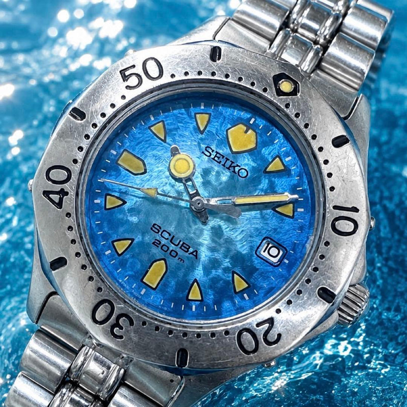 Seiko Diver Scuba Watch 7N35-6070 Quartz Blue Morpho Mosaic Dial Metal Bracelet