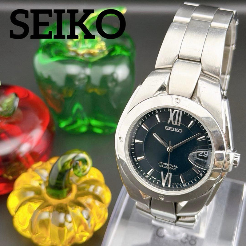 SEIKO 8f32-0010 Perpetual Calendar Quartz Watch Black Dial 40.5mm Case Box
