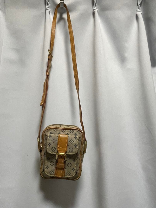 LOUIS VUITTON Monogram Mini Shoulder Bag Beige Canvas Leather 13cm Zip Belt
