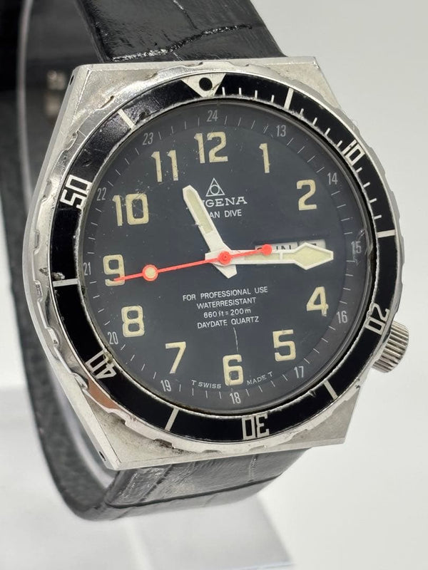 DUGENA Ocean Dive Watch Quartz Day-Date Diver Stainless Steel 39mm Black Dial