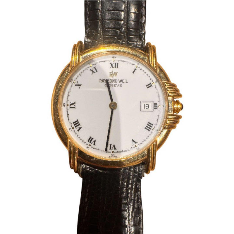 RAYMOND WEIL Quartz 18K Gold Electroplate White Dial Leather Date Water