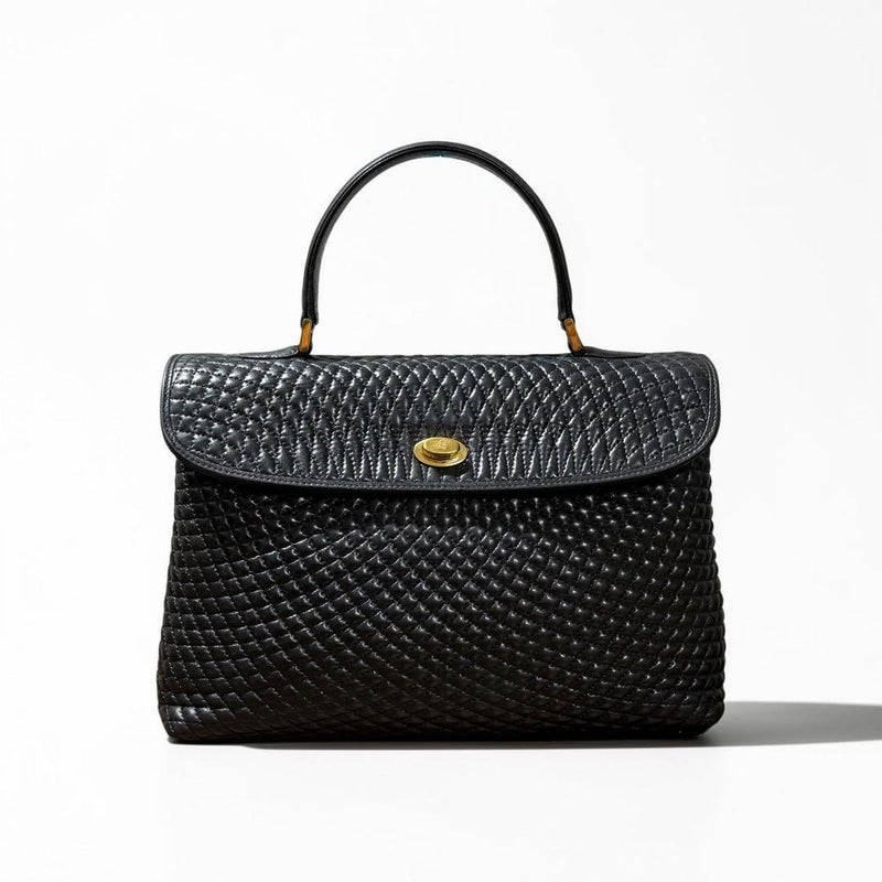 Bally Quilted Leather Handbag Turn-lock Top Handle Black H20cm W28cm D8cm Italy