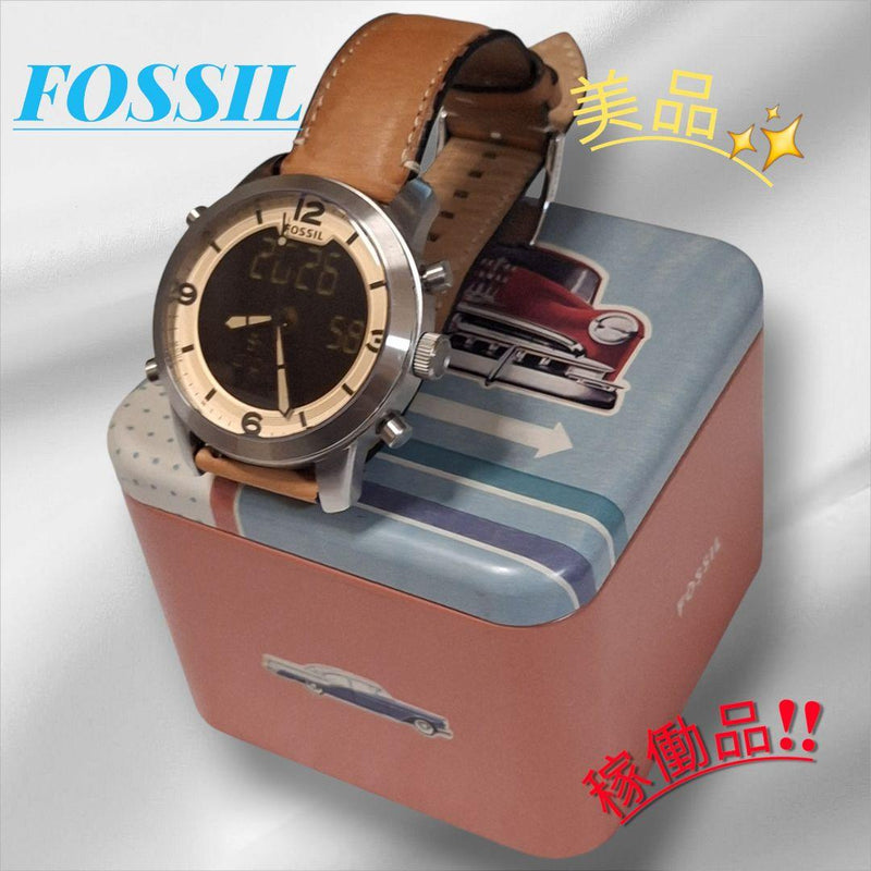 FOSSIL FS55173 Pilot 54 Analog-Digital Watch 43mm Black Gold Dial Camel Leather