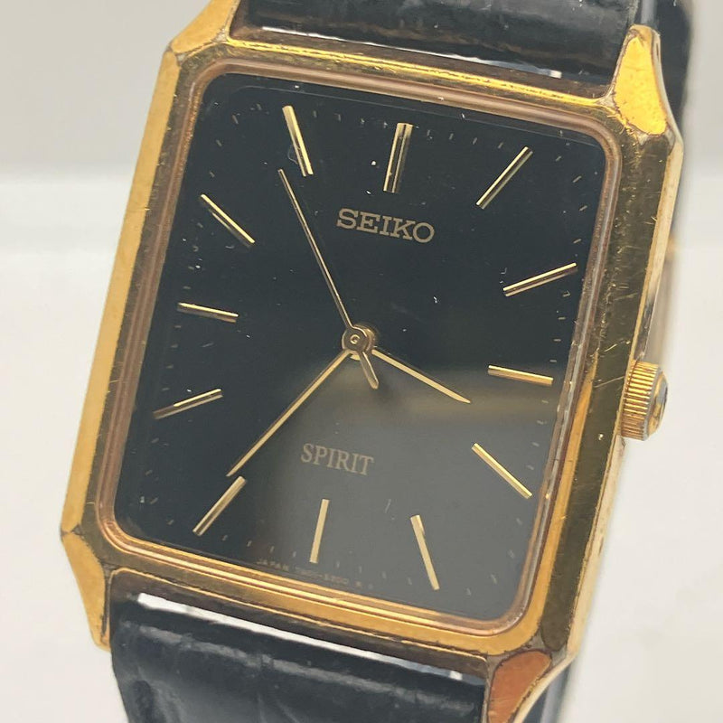 SEIKO Spirit 7N01-5180 Quartz Black Dial Square Case Gold Tone Watch
