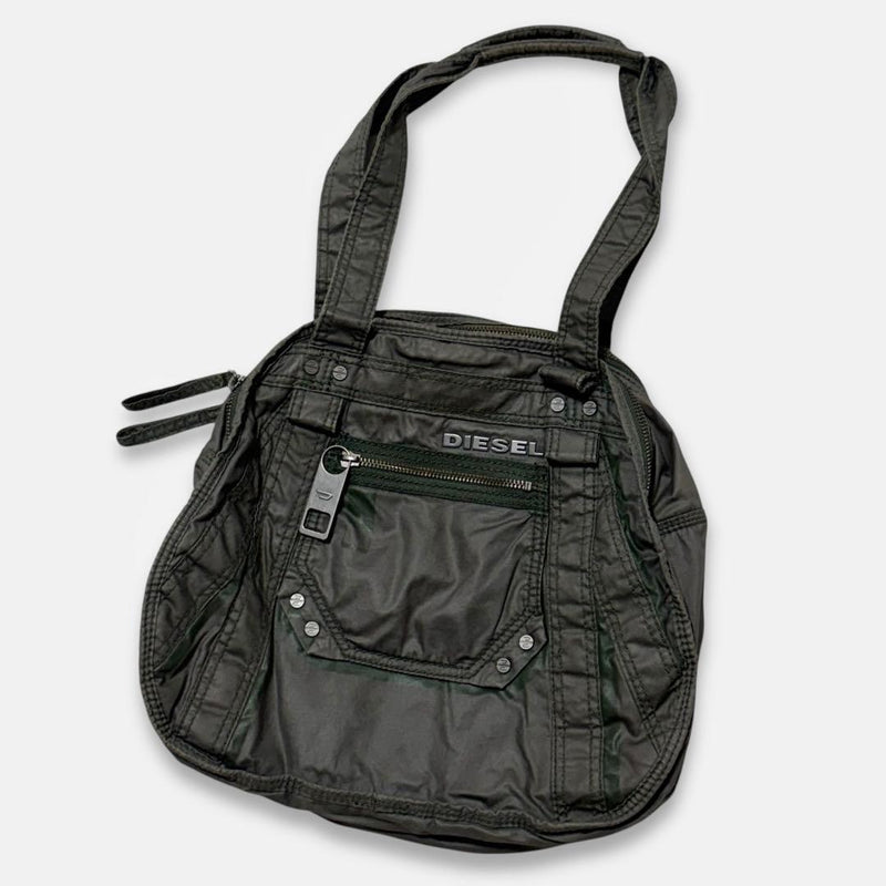DIESEL Archive Nylon Khaki Metal Logo Shoulder Bag Handbag Y2K 00s Leather Brown