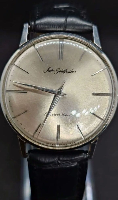 SEIKO Goldfeather J15002E Manual Wind Watch SS Silver Dial 25J Black Leather