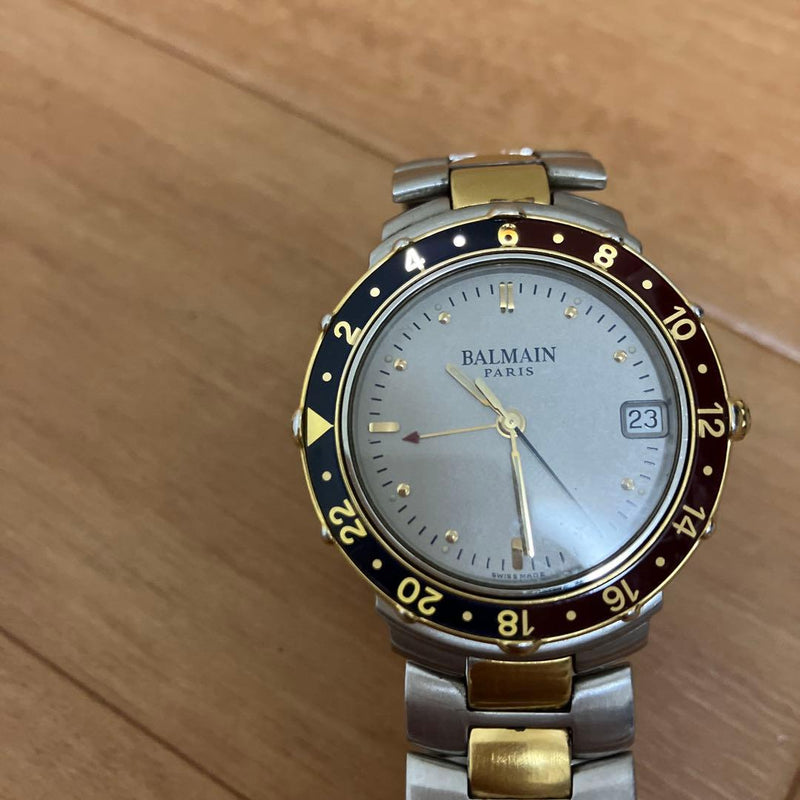 BALMAIN PARIS Quartz GMT Date Watch 35mm Pepsi 24-Hour Bezel Silver Gold
