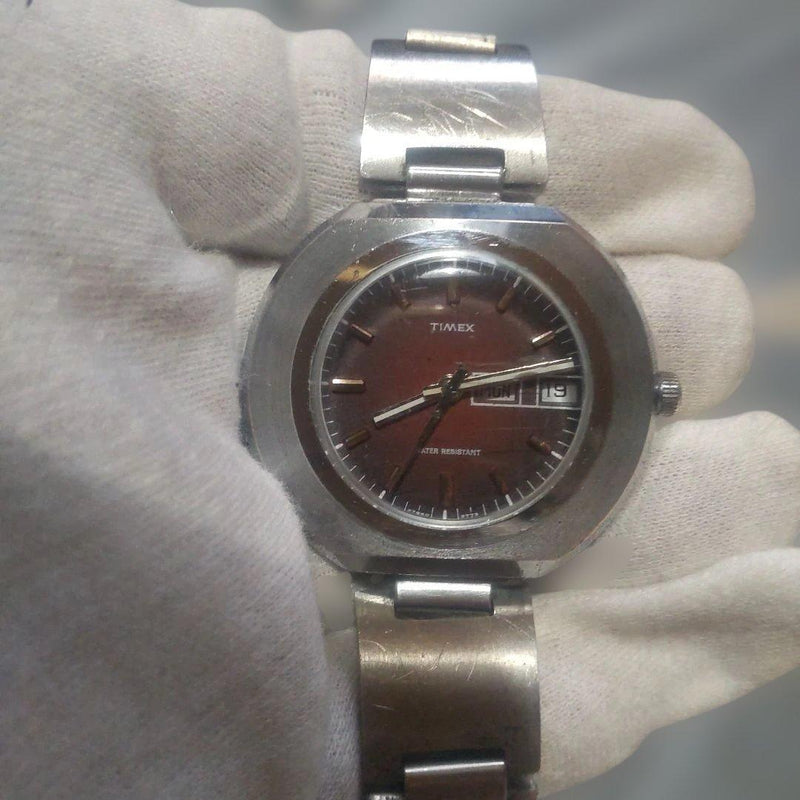 Timex Manual Wind Day Date 34mm Stainless Steel Brown Dial Stainless Steel Band