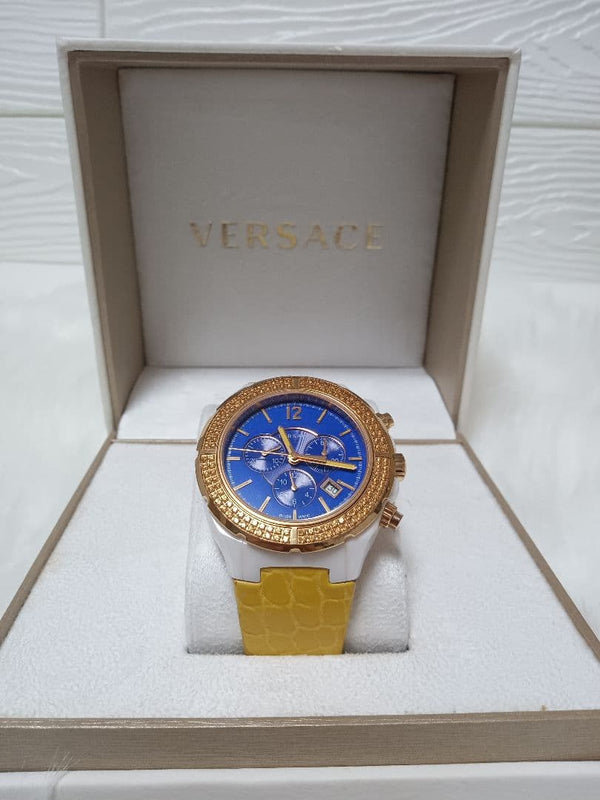 VERSACE Quartz Chronograph Date Blue Dial Ceramic Zirconia Bezel Yellow