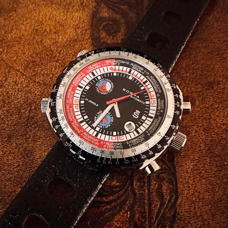 SORNA Automatic Worldtimer Bezel Multi-Indicator Yellow Milanese 21 JEWELS Watch