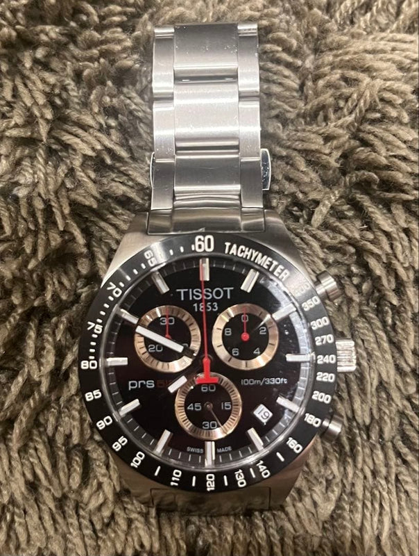 TISSOT PRS516 Chronograph Quartz Watch 41.8mm Black Dial Silver Metal Band