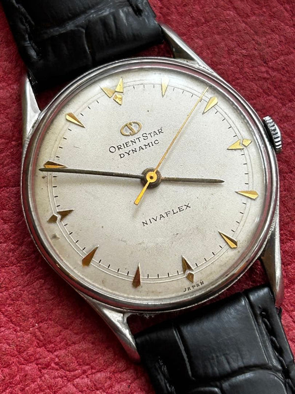 ORIENT STAR DYNAMIC Manual Wind Ivory Dial Silver Case Black Leather 1950s Watch