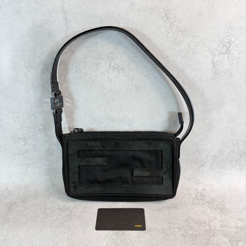 Fendi Baguette Mini Shoulder Bag Black FF Rubber Logo 19cm W 13cm H 3cm D 145g