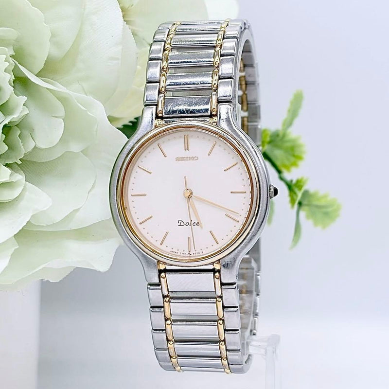 SEIKO Dolce 7741-6050 Quartz Watch 34mm Case White Dial Gold Silver Mens