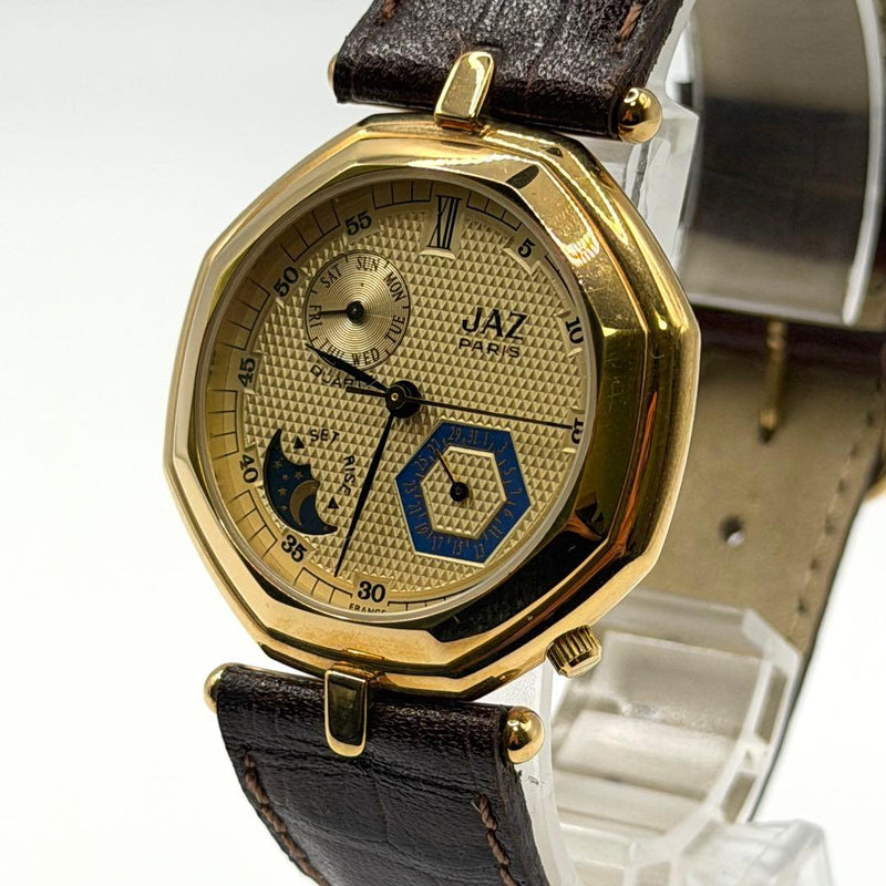 JAZ PARIS Moon Chrono Quartz Stainless Steel Gold Dial Brown Leather Watch