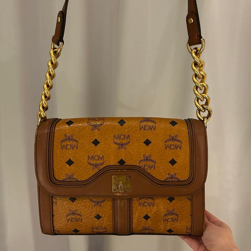 MCM Visetos Mini Chain Shoulder Bag Cognac W25cm H19cm D6cm Leather Trim Gold