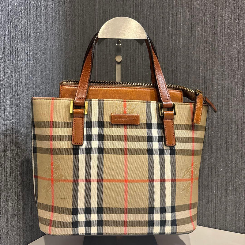 BURBERRY Nova Check Beige PVC Coated Canvas Leather Trim Shoulder Bag