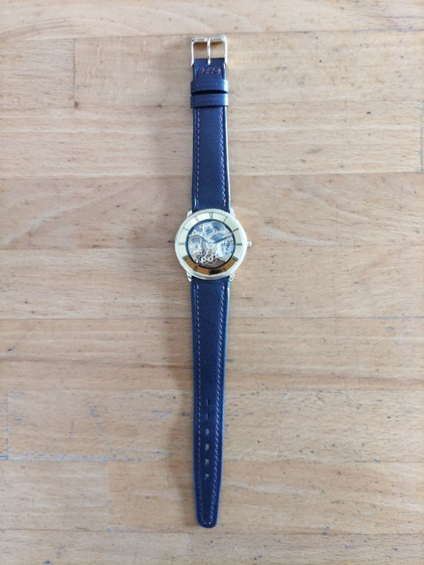Jean dEve Watch Hand-Winding Gold Tone Skeleton 33mm Black Leather Unisex