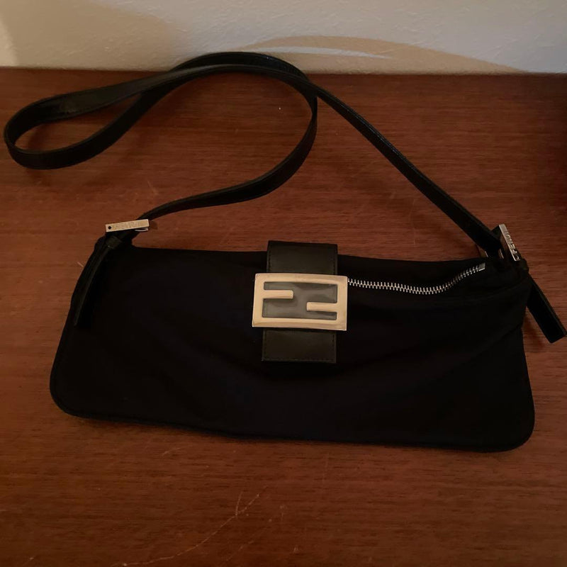 FENDI Mamma Baguette Shoulder Bag Black Cotton Jersey Leather 12cm H 30cm W