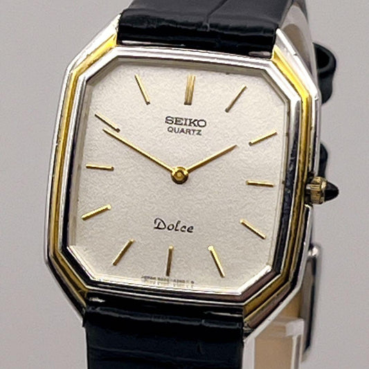 SEIKO DOLCE 6020-5930 Quartz Octagon Two-Tone Black Dial 4.7mm Thin Watch