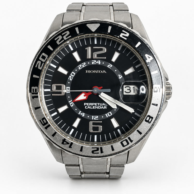 HONDA VF56-0400 Perpetual Calendar Analog Wristwatch 24H Black Dial 35mm SS 30m