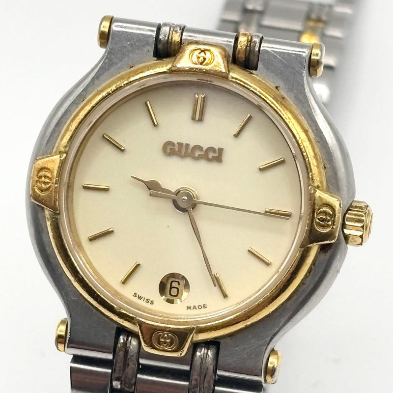 GUCCI 9000L Watch Quartz 25mm White Dial Two Tone Silver Gold Bracelet Ladies
