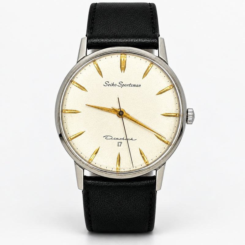 Seiko Sportsman 15019E Manual 17J 1962 34.6mm Satin Silver Gold Accents Leather