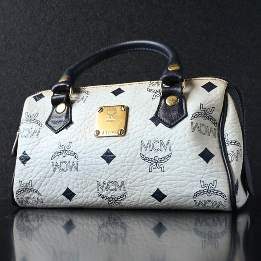 MCM Visetos Monogram Mini Boston Bag White Black Leather 19x10x9cm N0065