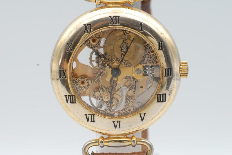 Mens Stainless Steel Gold Tone Skeleton Dial Manual Wind Leather Band Roman