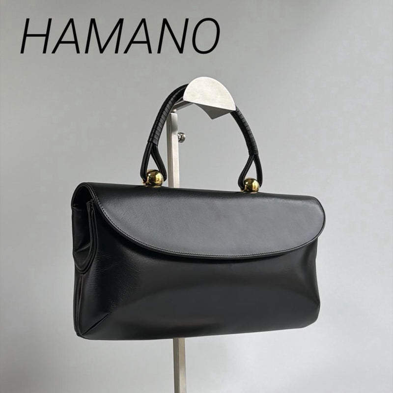 HAMANO Royal Model Handbag Black Leather Gold Hardware 29cm W 15cm H 6cm D