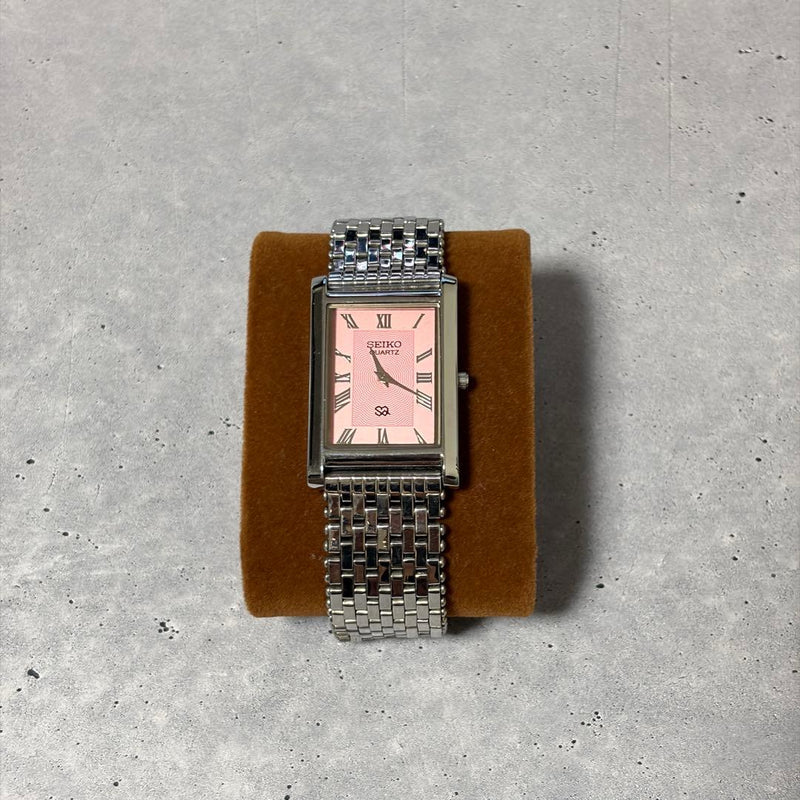 Seiko Tank Slim Quartz Watch 38x25mm Pink Roman Dial Brown Leather Band 20mm