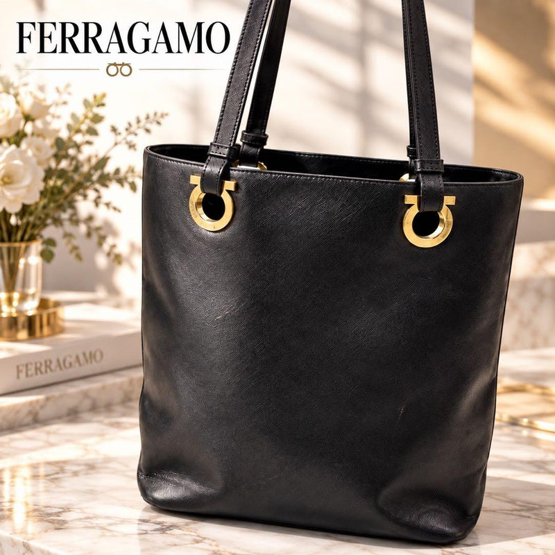 Salvatore Ferragamo EF-21 9260 Gancini Tote Bag Leather Black H11.8xW9.4xD4.7in