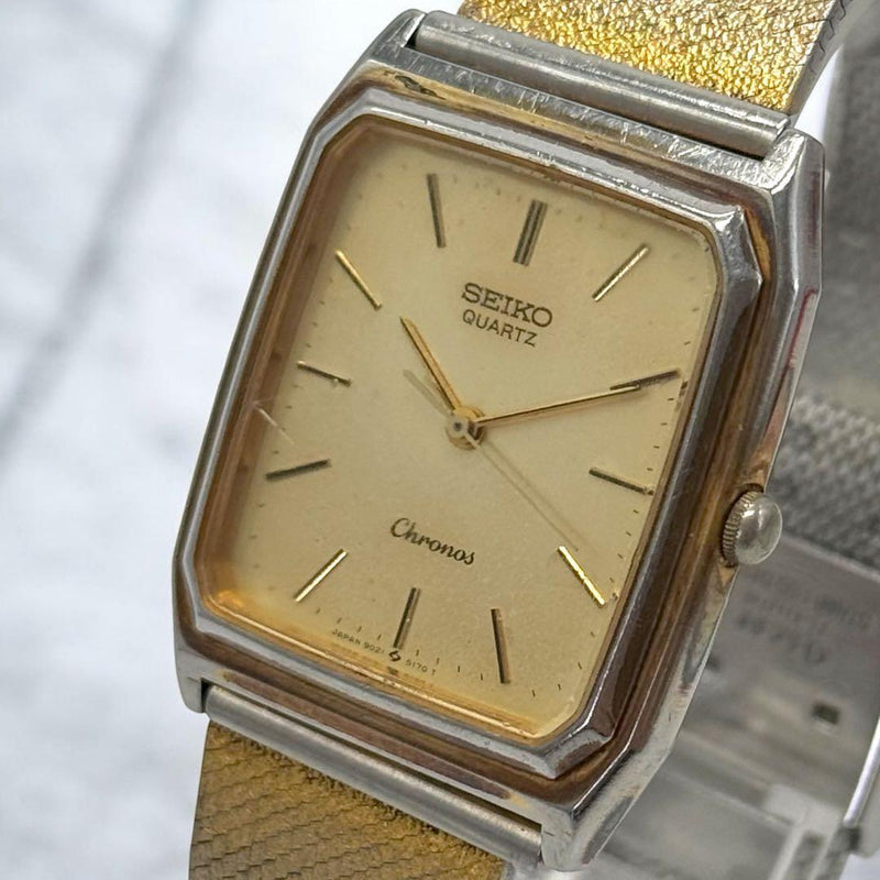 Seiko Chronos 9021-5130 Men Quartz Watch Gold Tank Case Champagne Dial 29mm