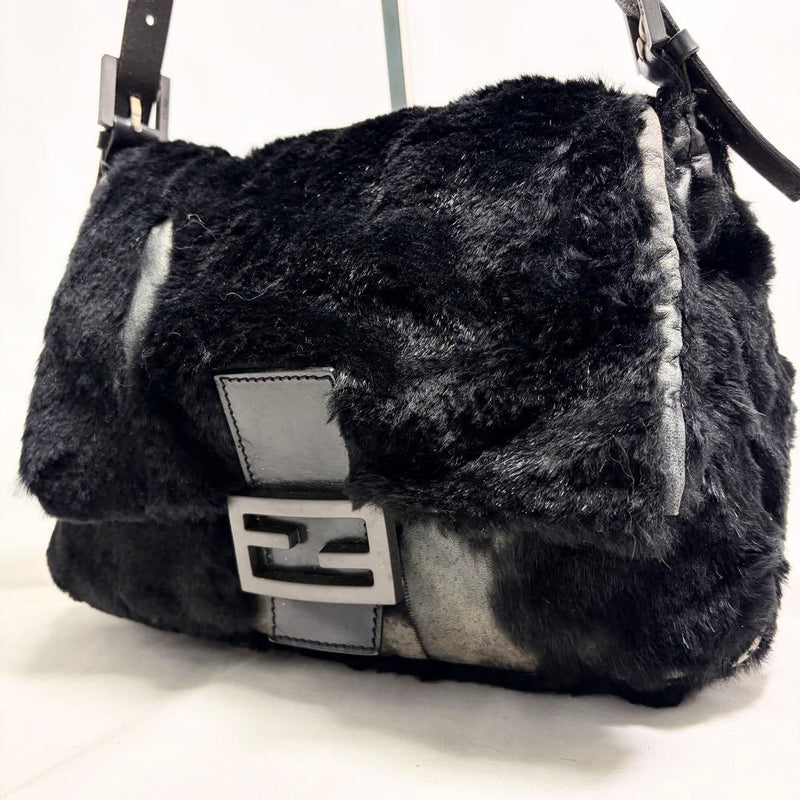 FENDI Mamma Baguette Shoulder Bag Black Fur Leather 29x21x12cm Silver Hardware