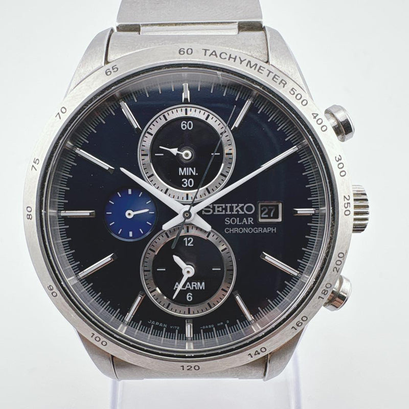 SEIKO V172-0AP0 Solar Chronograph Watch Stainless Steel 43.7mm Black Dial 10BAR