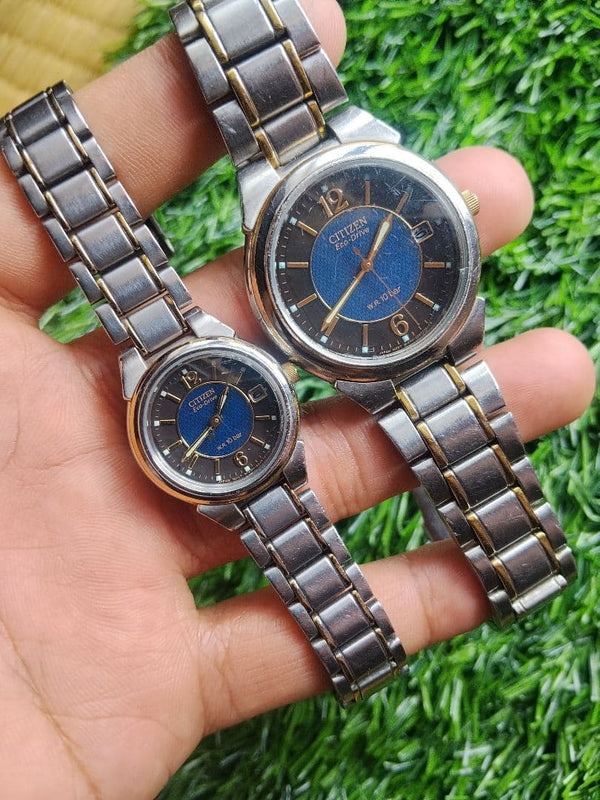 Citizen Eco-Drive Pair Watch Set Navy Dial Stainless Steel Two Tone 100M WR