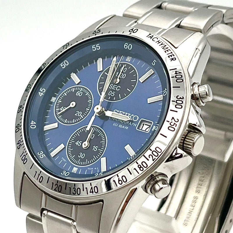SEIKO SND365 7T92-0DW0 Quartz Chronograph Watch 38mm SS Blue Dial Bracelet 100m