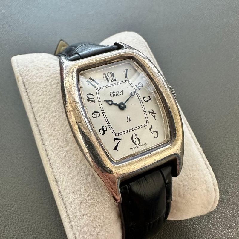 Obrey Sterling Silver Watch 1.6x1.2in Black Leather Band French Made Mens