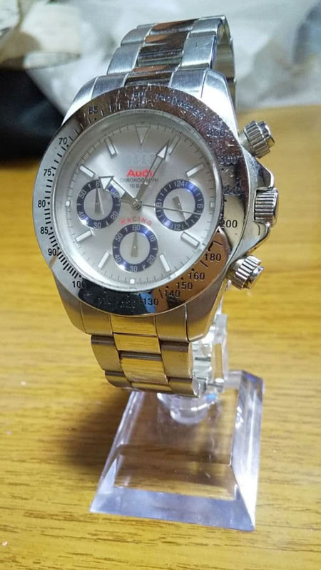 Audi Chronograph Watch Silver Stainless Steel Case Silver Dial Analog Display