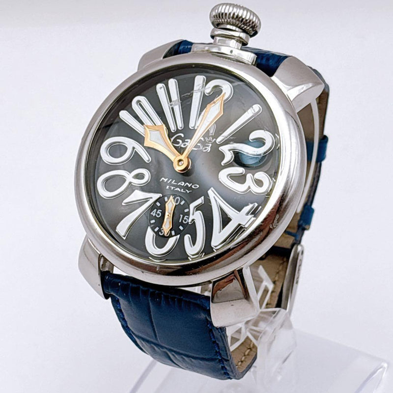 GaGa MILANO Manuale 48 Hand Winding Watch Black Dial Blue Band See-Through Back