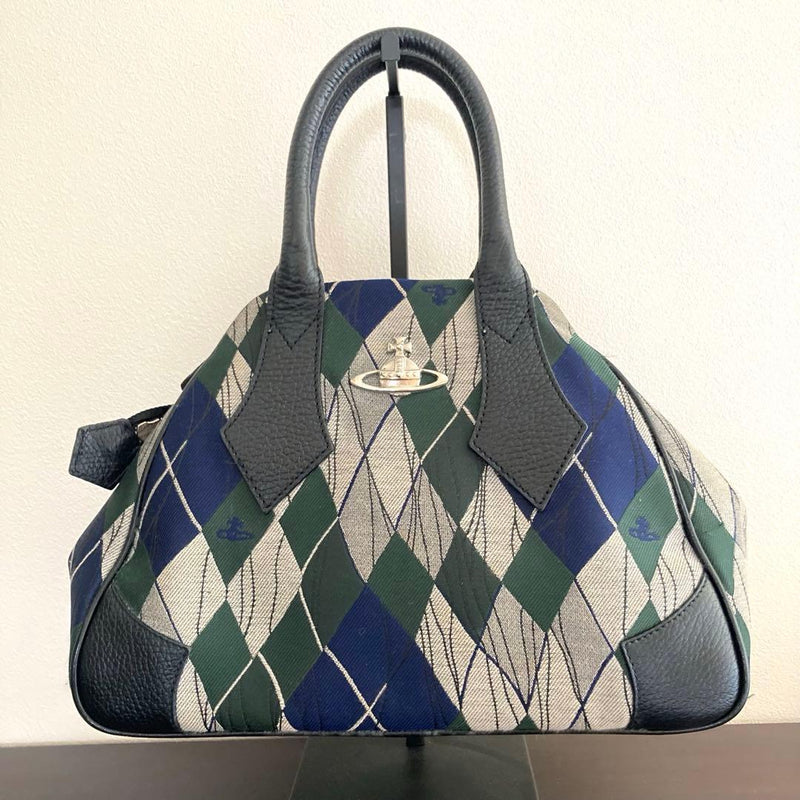 Vivienne Westwood ORB Handbag Argyle Canvas Black Leather Green Navy Gray W30