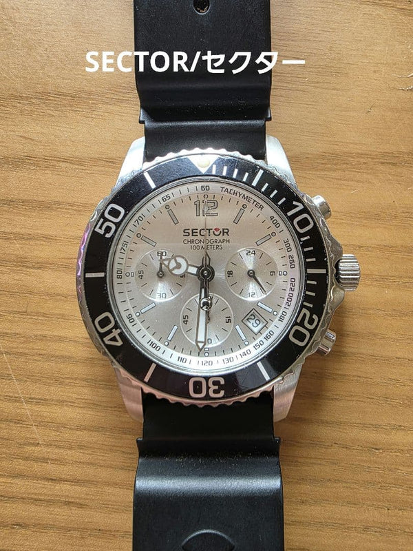 SECTOR Diver Quartz Chrono Watch SS Silver Calendar Dial Black Bezel 100M Rubber