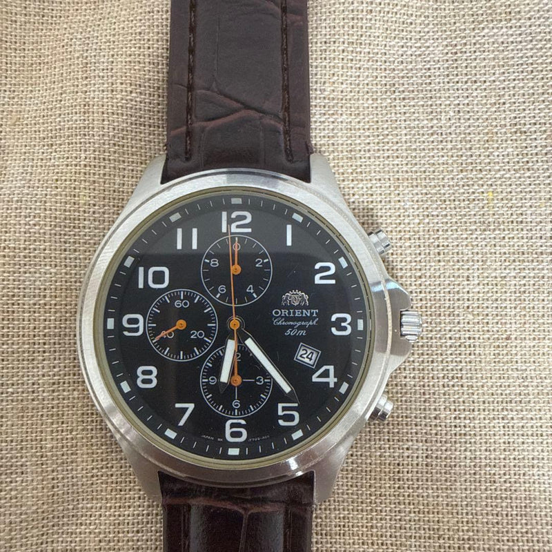 ORIENT Chronograph Watch Quartz 50m Black Dial Date Stainless Steel Dark Brown