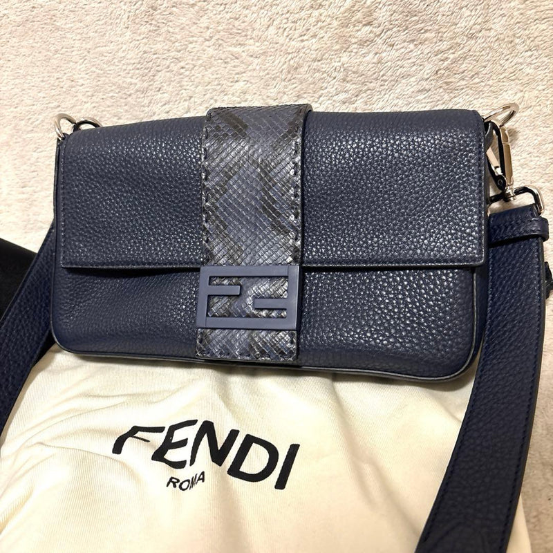Fendi Mamma Baguette 2Way Shoulder Bag Python Leather Navy 26cm W 15.5cm H