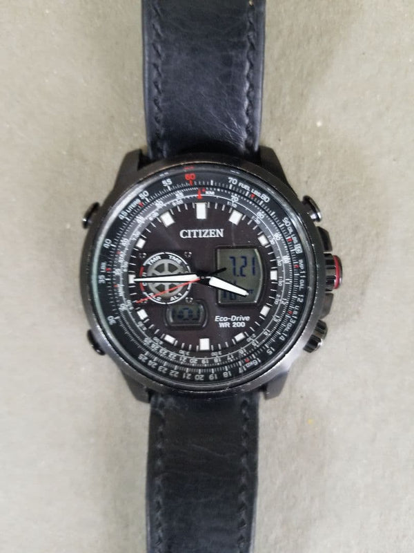 CITIZEN U200 R005642 Eco-Drive WR200 Black Leather Rotating Slide Rule Pilot
